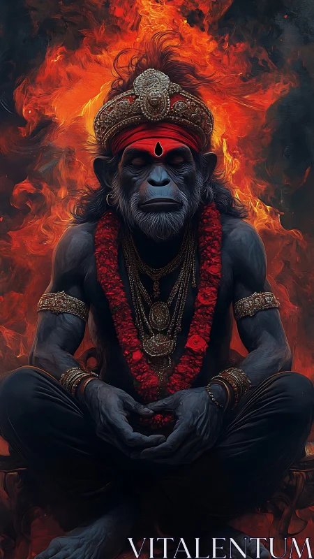 Simian fire-saint meditates amid swirling molten shadows