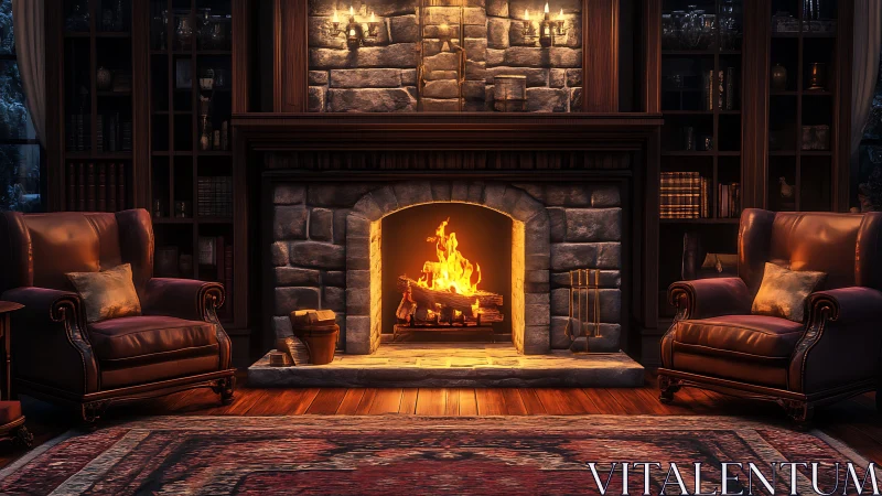Fireside Sanctuary Where Leather Wingbacks Court the Crackling Flames