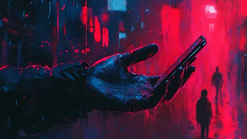 Cyberpunk hand-held device in neon-saturated rainscape digital painting.