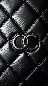 Macro close-up of black quilted leather with glossy emblem