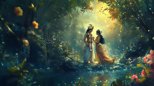 Divine couple standing in luminous forest clearing by water.