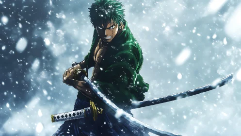 Green-haired swordsman stands ready amid swirling snowfall.