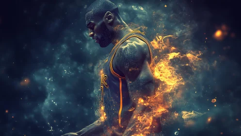 Basketball player profile in fiery digital visual composition.