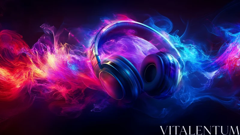 Vibrant neon headphones with swirling abstract color smoke.