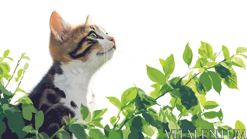 Tabby Cat Gazes Upward Among Lush Green Garden Foliage