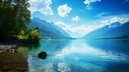 Mountain lake reflects blue sky between forested shores