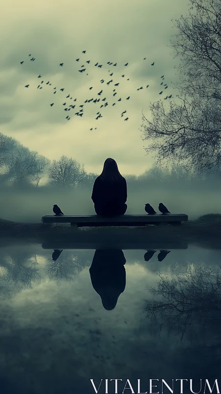 Solitary dreamer watches crows swirl above misty water&rsquo;s mirror.