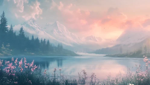 Pastel sunrise over misty alpine lake and snowy peaks