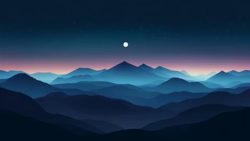 Moonlit layered mountains under gradient twilight sky