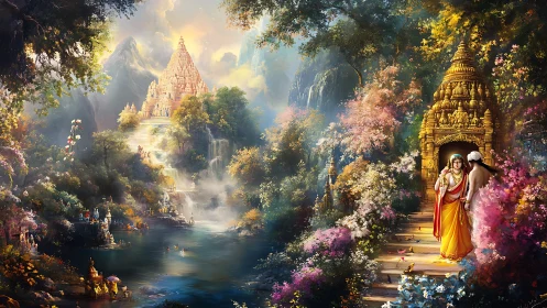 River valley with ornate temples and figures in landscape.