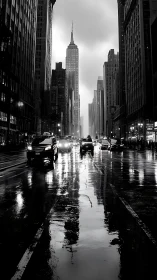 Monochrome rainy avenue with central skyscraper reflection