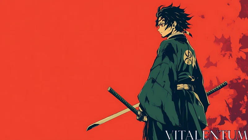 Solitary anime swordsman stands against flat crimson sky