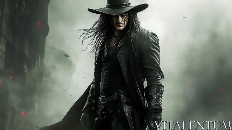 Dark coated swordsman stands in smoky urban alleyway