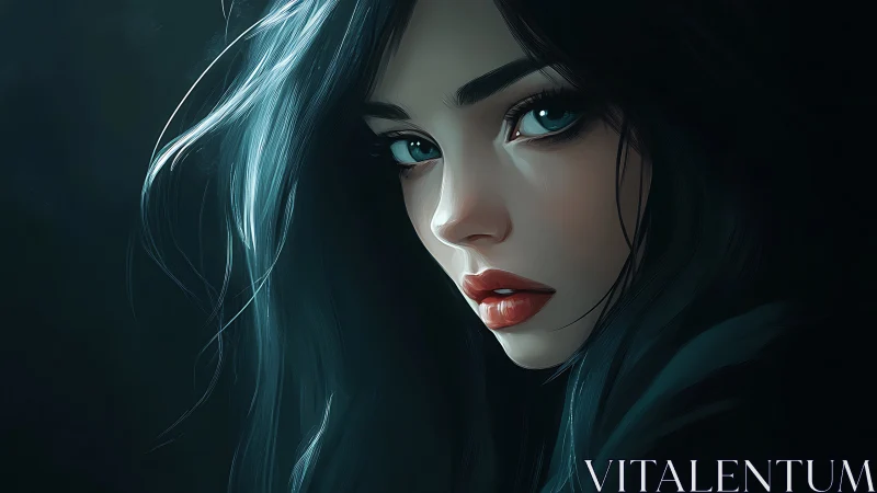 Midnight-haired muse with glacier eyes in velvet shadow.