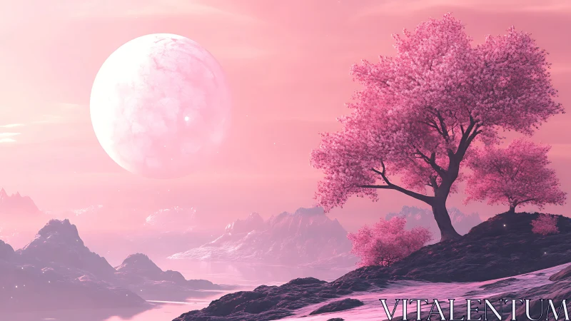 Moonlit cherry bloom drifts over a rosy alien shoreline