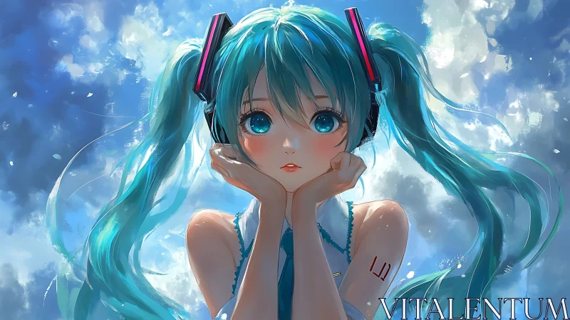 Digital portrait of teal haired girl with headphones outdoors.