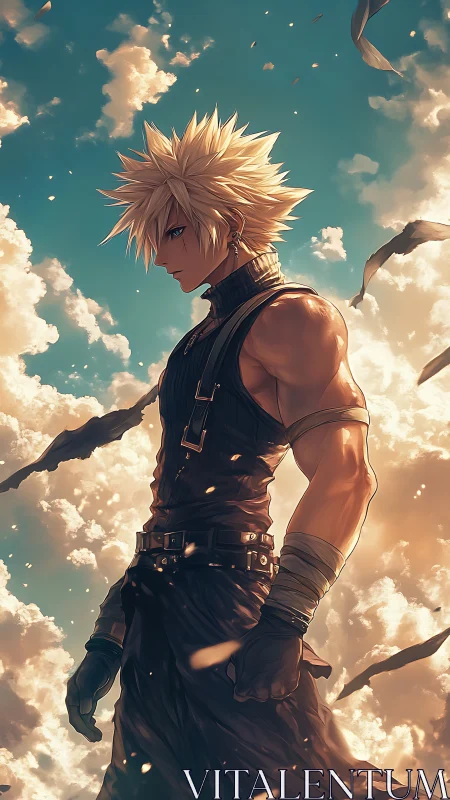 Spiky-haired warrior stands amid glowing clouds at dusk.