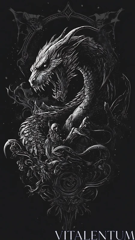 Monochrome dragon illustration encircles robed skeletal figure