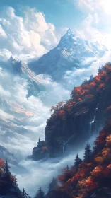 Snowcapped peak rises above misted valley and red forest