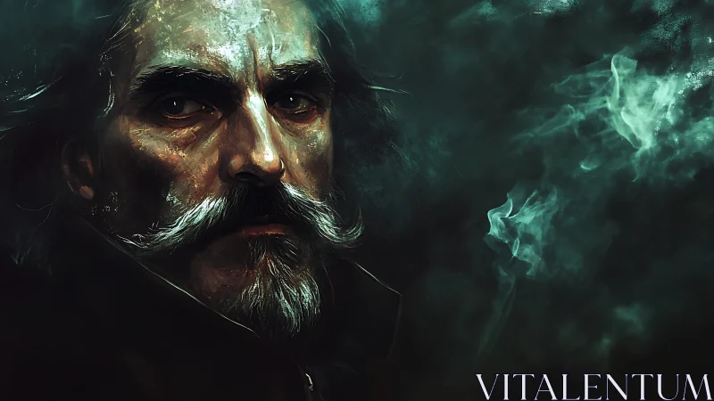 Nocturnal spectral portrait with volumetric smoke rendering.