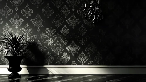 Shadowed damask wall with lone plant and noir chandelier.