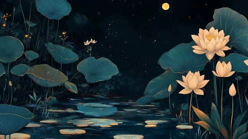 Moonlit lotus pond with teal leaves and golden blooms.