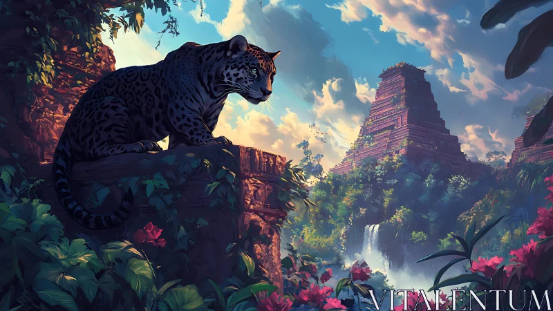 Digital painting of black-spotted leopard perched on ancient sandstone ruins overlooking verdant jun