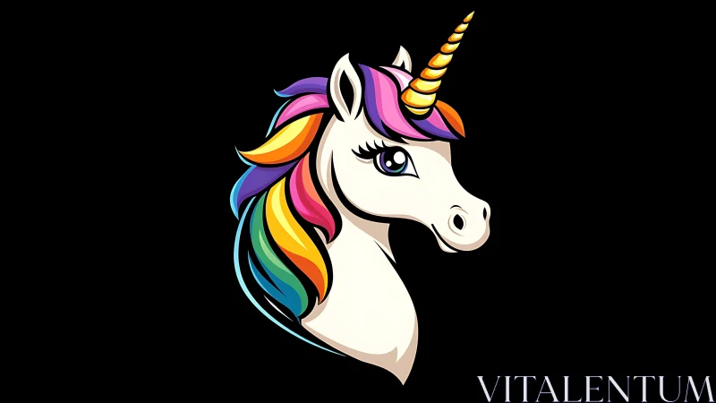 Colorful unicorn head illustration on solid black background.