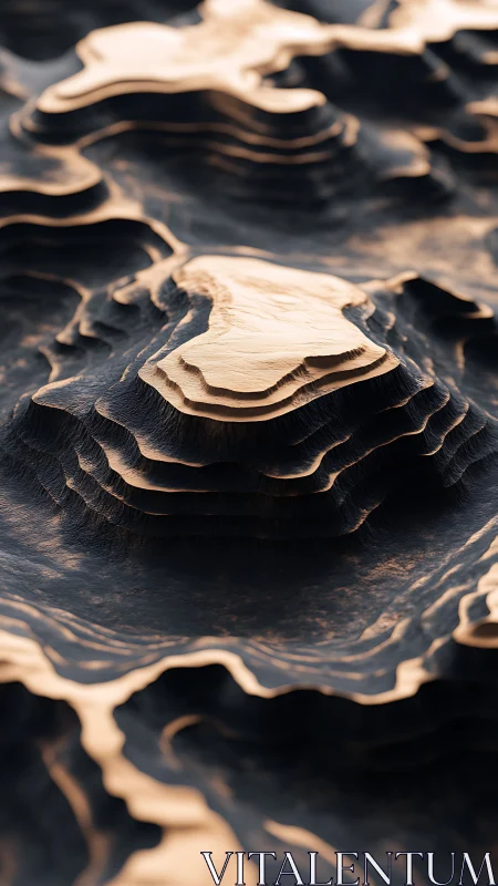 Layered metallic terrain closeup with soft warm lighting.