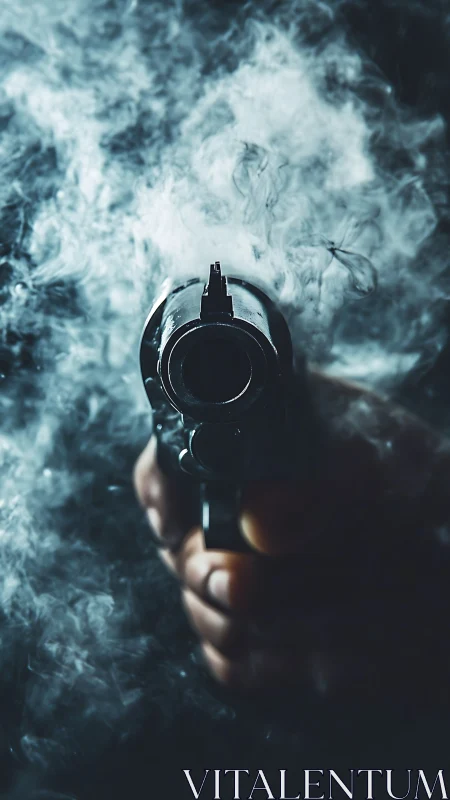 Moody close-up of a smoking revolver in swirling haze.