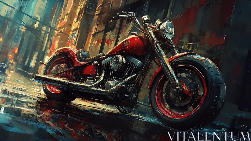 Crimson custom motorcycle gleams on rain-soaked city street.