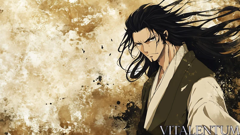 Long-haired male figure stands before textured sepia backdrop