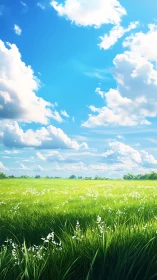 Sunlit wildflower meadow under expansive clouded sky.