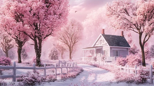 Idyllic cottage amid pastel cherry trees in soft atmospheric haze