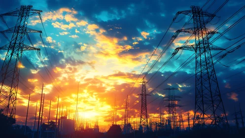 Vibrant powerline skyline in saturated digital painting style.