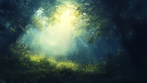 Luminous Forest Glade with Dramatic Sky Light