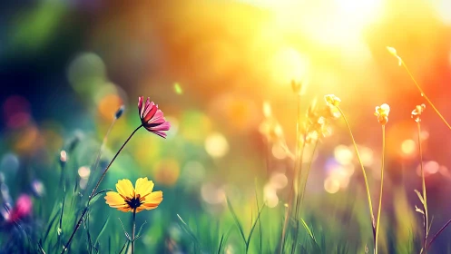 Wildflowers bloom in golden sunlight.