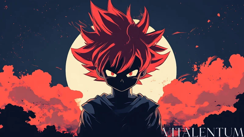 Red haired anime boy silhouette stands before full moon
