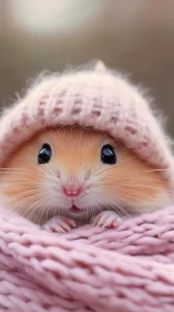 Warm-toned hamster portrait in pastel knitted textures.