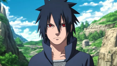 Stoic anime hero with crimson eyes in quiet mountain air.