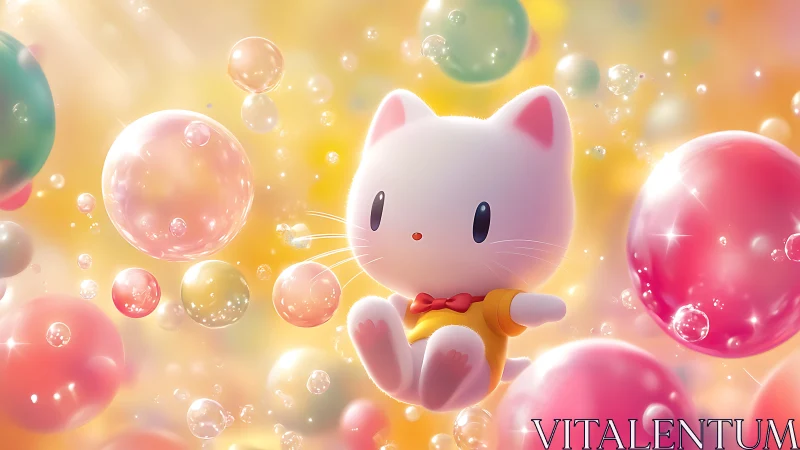 Pastel bubble field with floating chibi white cat character