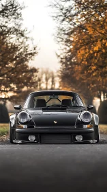 Black classic sports car parked on autumn tree lined road.