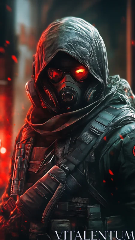 Hooded cyber soldier with glowing visor in ember storm.