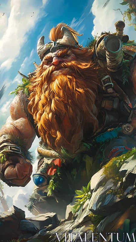 Gentle giant viking strides through sunlit mountain pass.