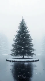 Snow covered evergreen tree on small island in foggy lake