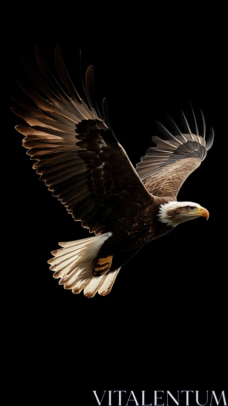 Photorealistic raptor in dynamic mid-flight on black ground.