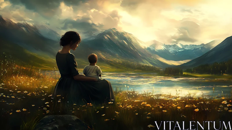Mother and child beside golden lake in alpine sunset.