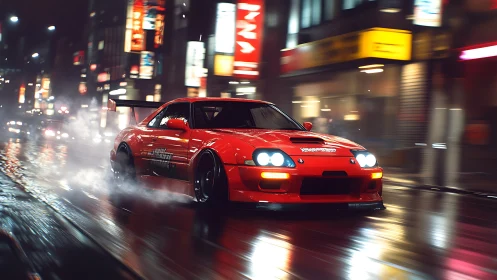 Neon-soaked street racer in dynamic urban night drift scene.