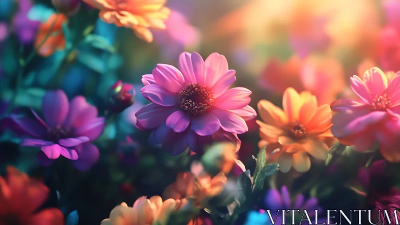 Vibrant Daisy Garden. Pink Petals Bloom Golden Hour Light