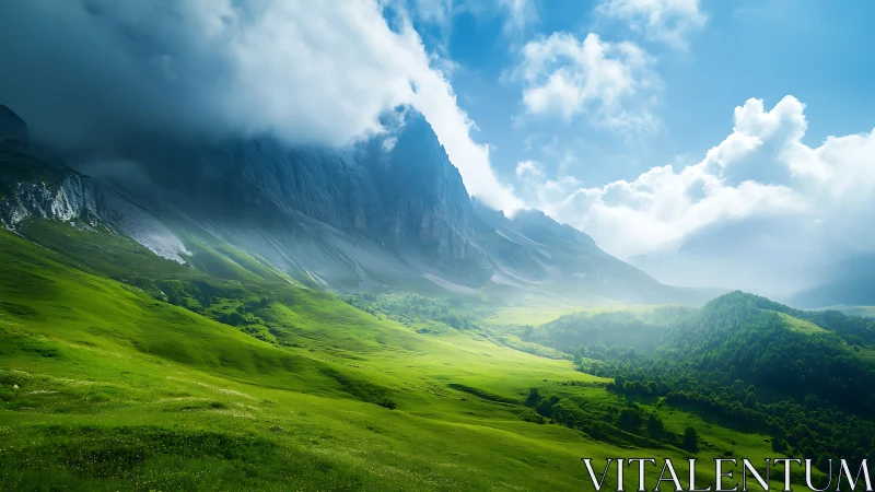 Sunlit valley unfolds beneath towering misty mountain cliffs